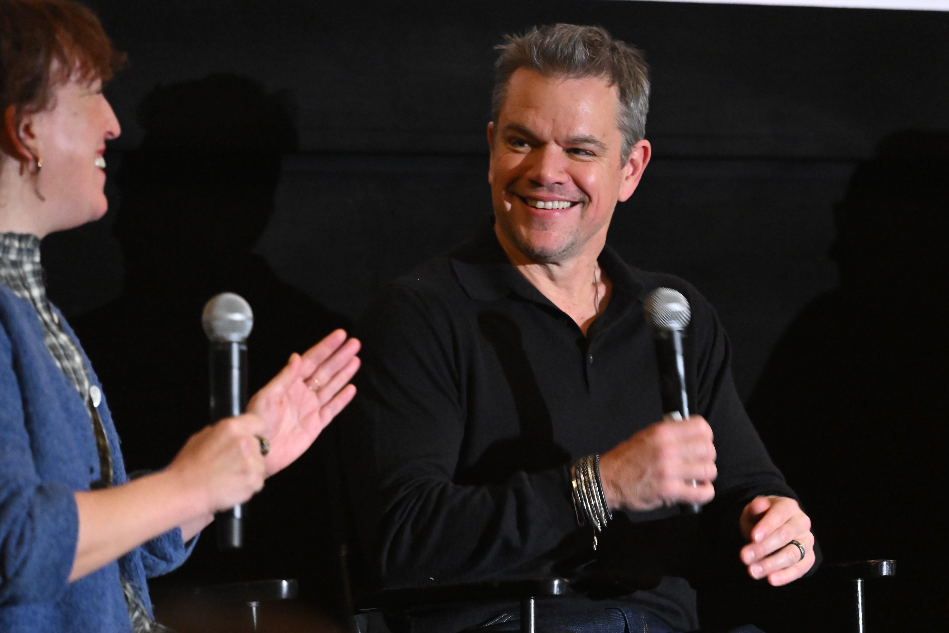 NEW YORK, NEW YORK - JANUARY 31: Sara Vilkomerson and Matt Damon speak onstage as Universal Pictures presents a special OPPENHEIMER Screening and Q&A with Christopher Nolan, Emma Thomas, and Matt Damon at AMC Lincoln Square Theater on January 31, 2024 in New York City.