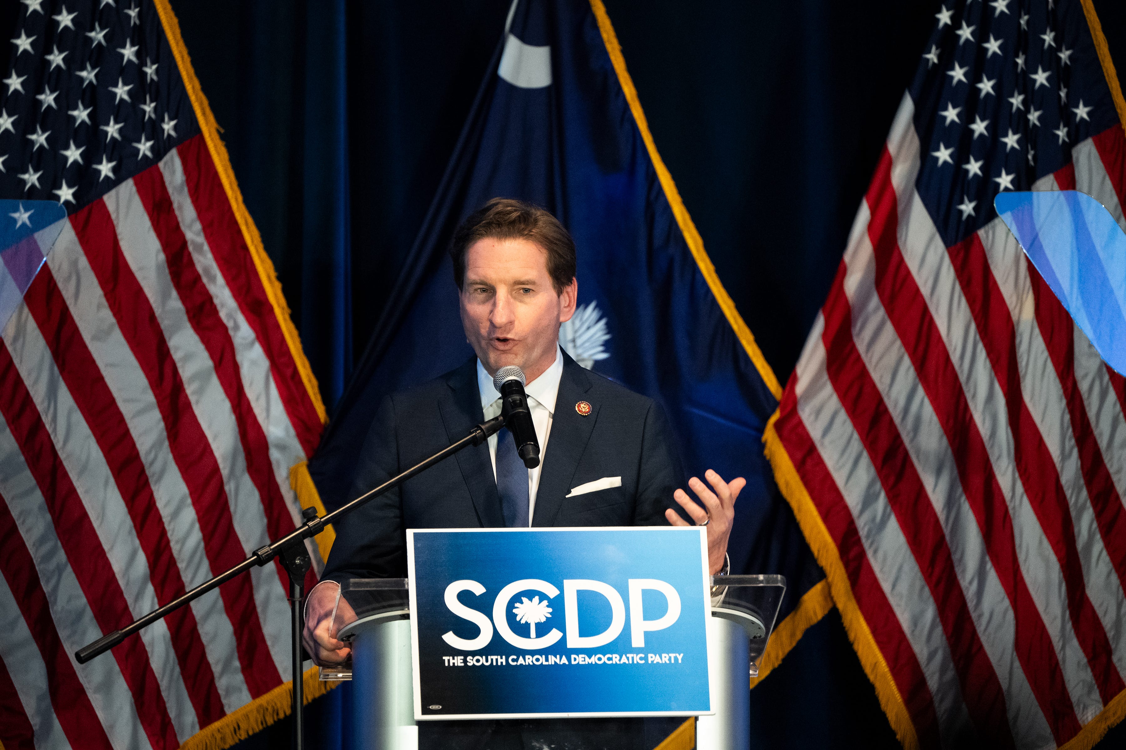 Jan 2 7, 2024; Columbia, S.C., USA; Democratic presidential candidate Rep. Dean Phillips at the First in the Nation Dinner and Celebration in Columbia, S.C. Saturday, Jan 27, 2024.. Mandatory Credit: Josh Morgan-USA TODAY (Via OlyDrop)