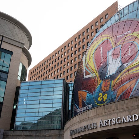 NBA All-Star art is displayed on the windows of the Indianapolis Artsgarden on Thursday, Feb. 1, 2024, in Indianapolis.