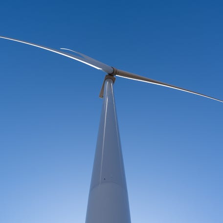 A wind turbine on the 120-turbine Soldier Creek Wind Farm in Goff, Kansas, October 2023.