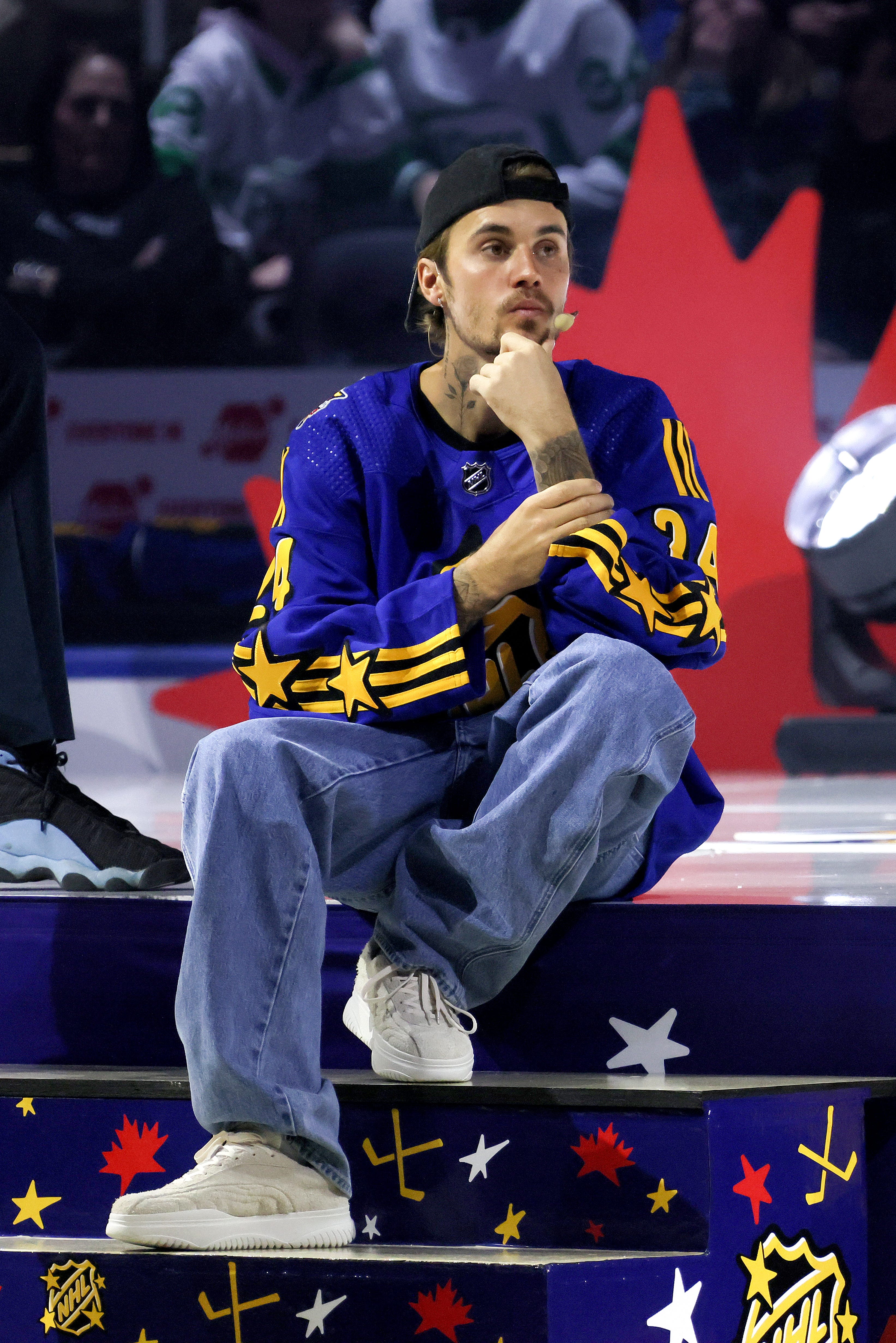 Justin Bieber takes part in the draft during 2024 NHL All-Star Thursday at Scotiabank Arena on Feb. 1, 2024, in Toronto, Ontario, Canada.