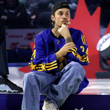 Justin Bieber takes part in the draft during 2024 NHL All-Star Thursday at Scotiabank Arena on Feb. 1, 2024, in Toronto, Ontario, Canada.