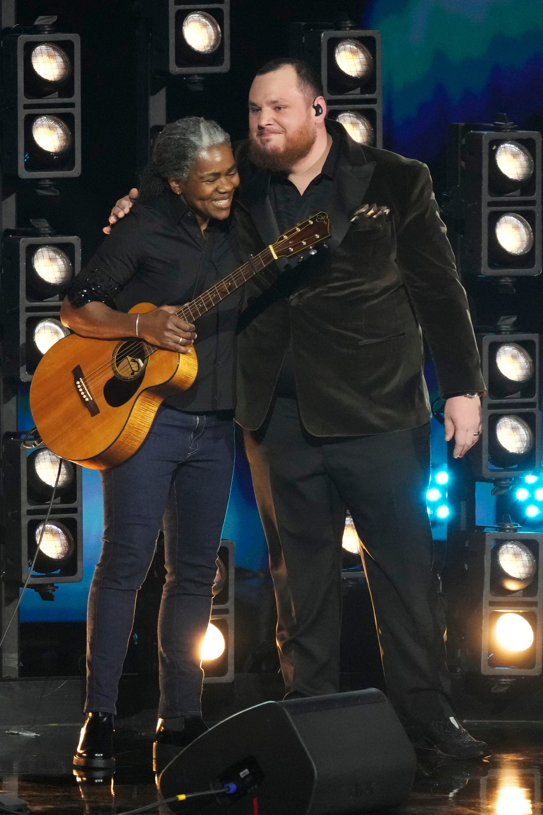 Tracy Chapman and Luke Combs hug after performing 'Fast car' during the 66th Annual Grammy Awards at Crypto.com Arena in Los Angeles on Sunday, Feb. 4, 2024.
