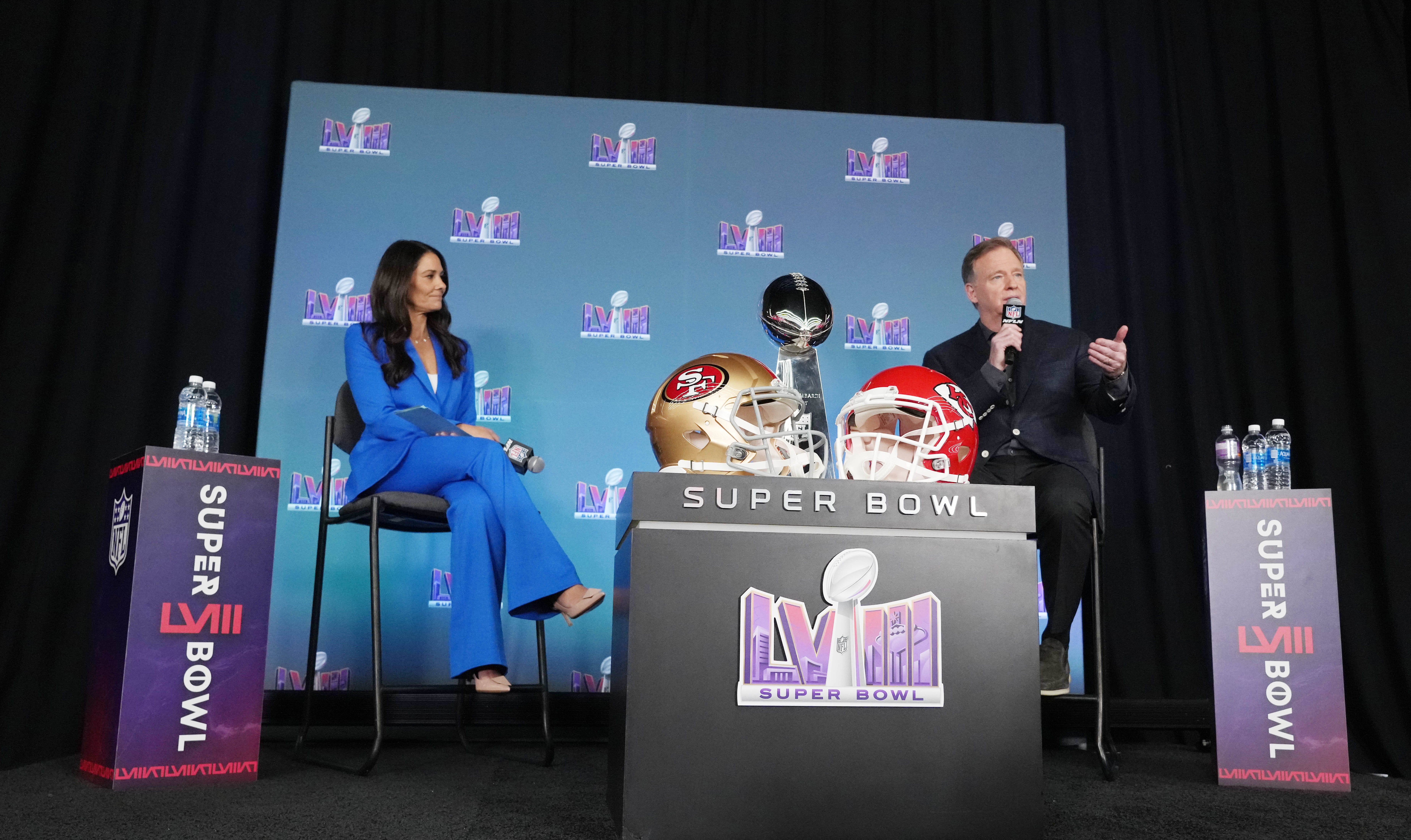 NFL commissioner Roger Goodell speaks at a press conference in advance of Super Bowl 58 between the Kansas City Chiefs and San Francisco 49ers.