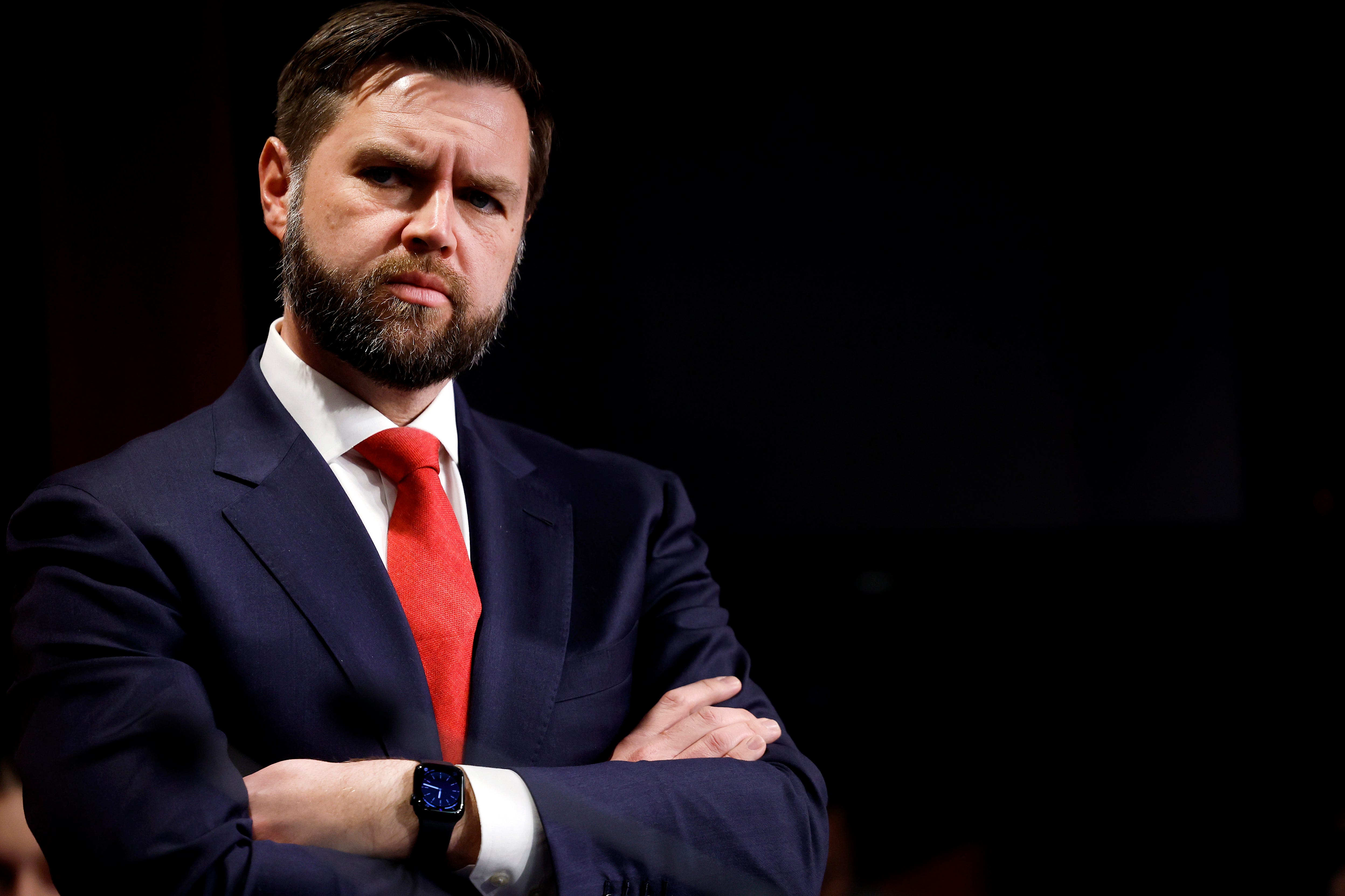Sen. JD Vance, R-Ohio, listens during a news conference on the U.S. Southern Border at the U.S. Capitol on February 06, 2024 in Washington, DC.