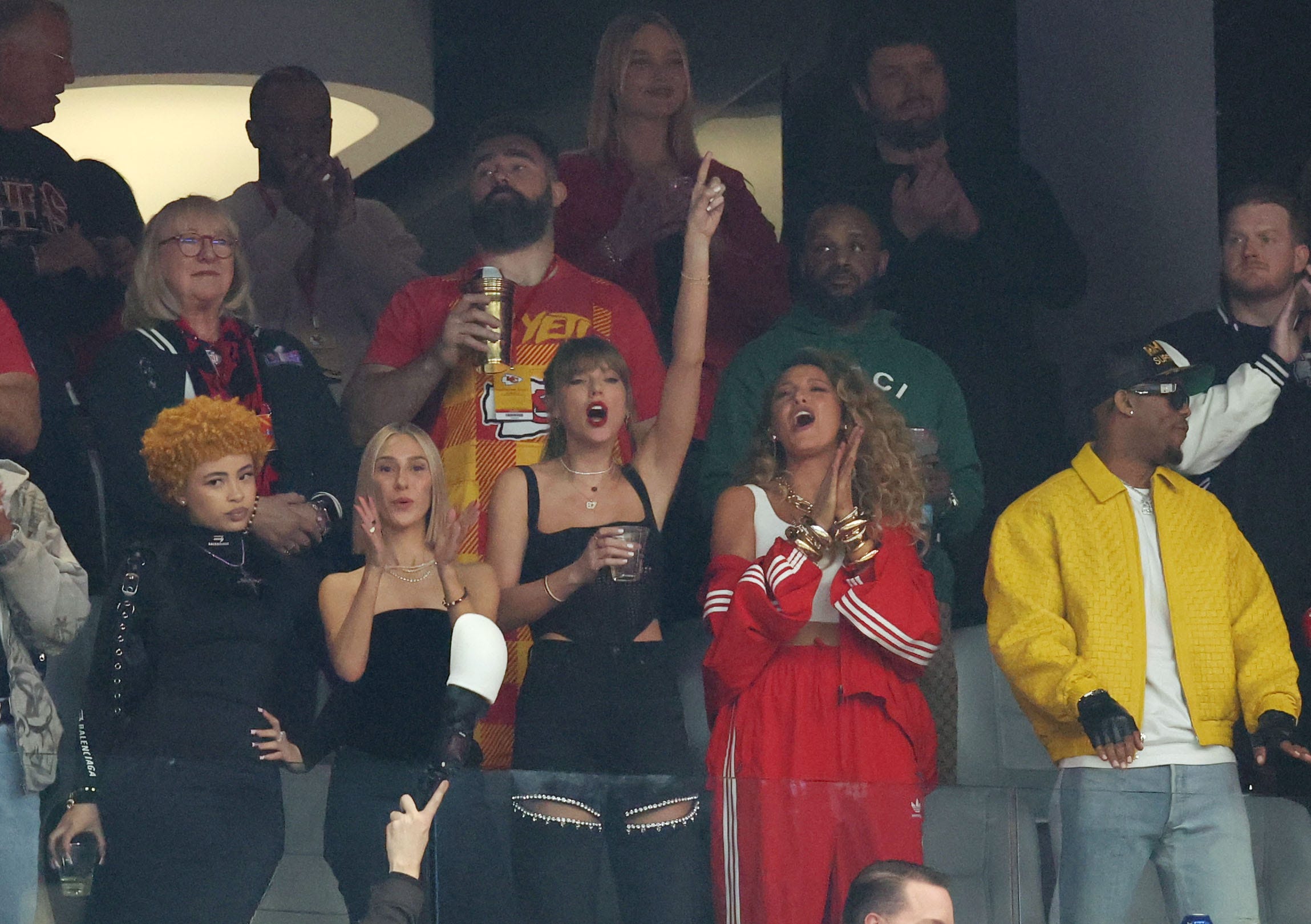 Ice Spice, left, Ashley Avignone ,Taylor Swift, center, and Blake Lively watch during Super Bowl LVIII between the Kansas City Chiefs and the San Francisco 49ers at Allegiant Stadium.