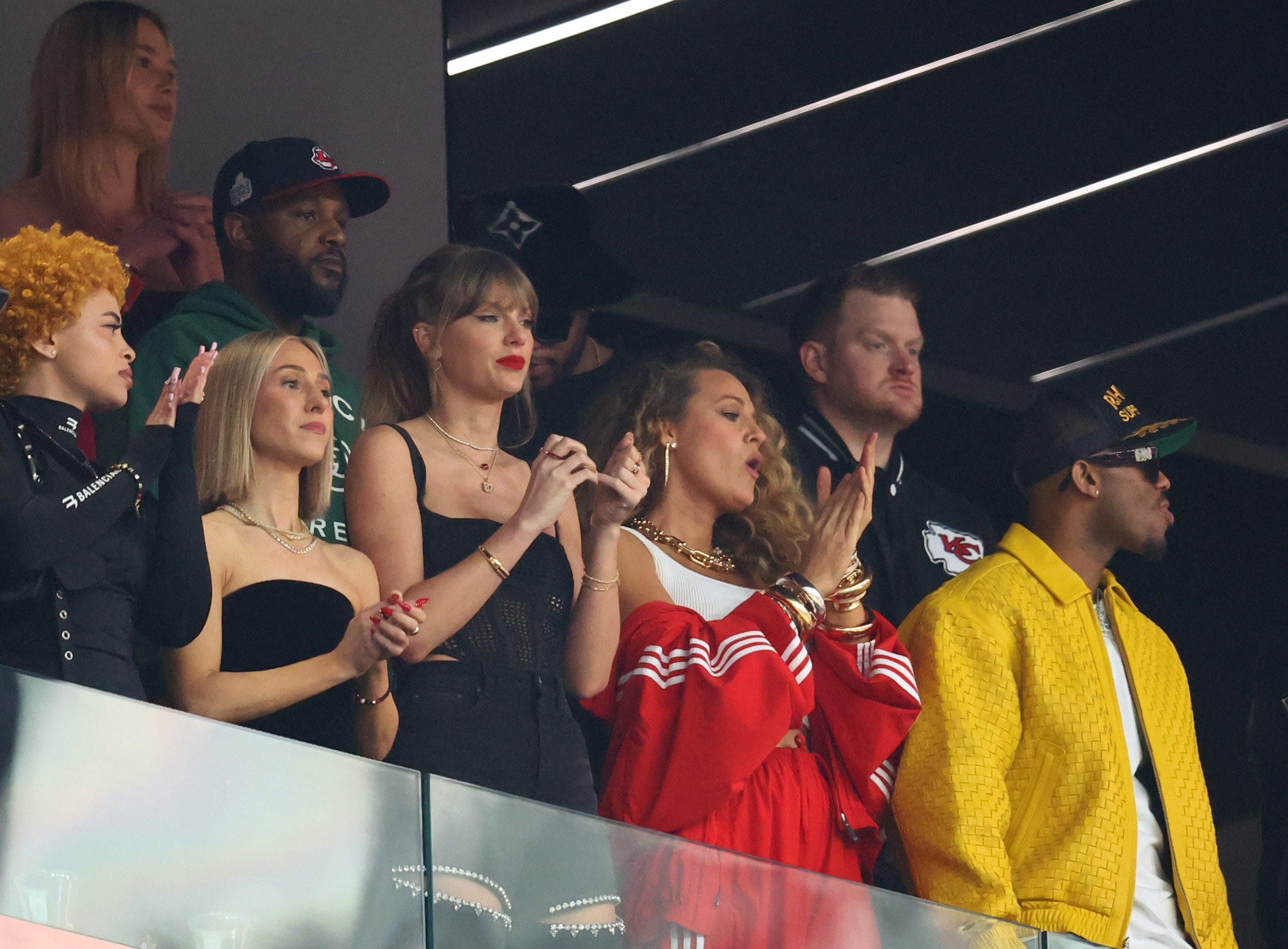 Feb 11, 2024; Paradise, Nevada, USA; Recording artists Taylor Swift and Blake Lively attend Super Bowl LVIII between the Kansas City Chiefs and the San Francisco 49ers at Allegiant Stadium. Mandatory Credit: Mark J. Rebilas-USA TODAY Sports