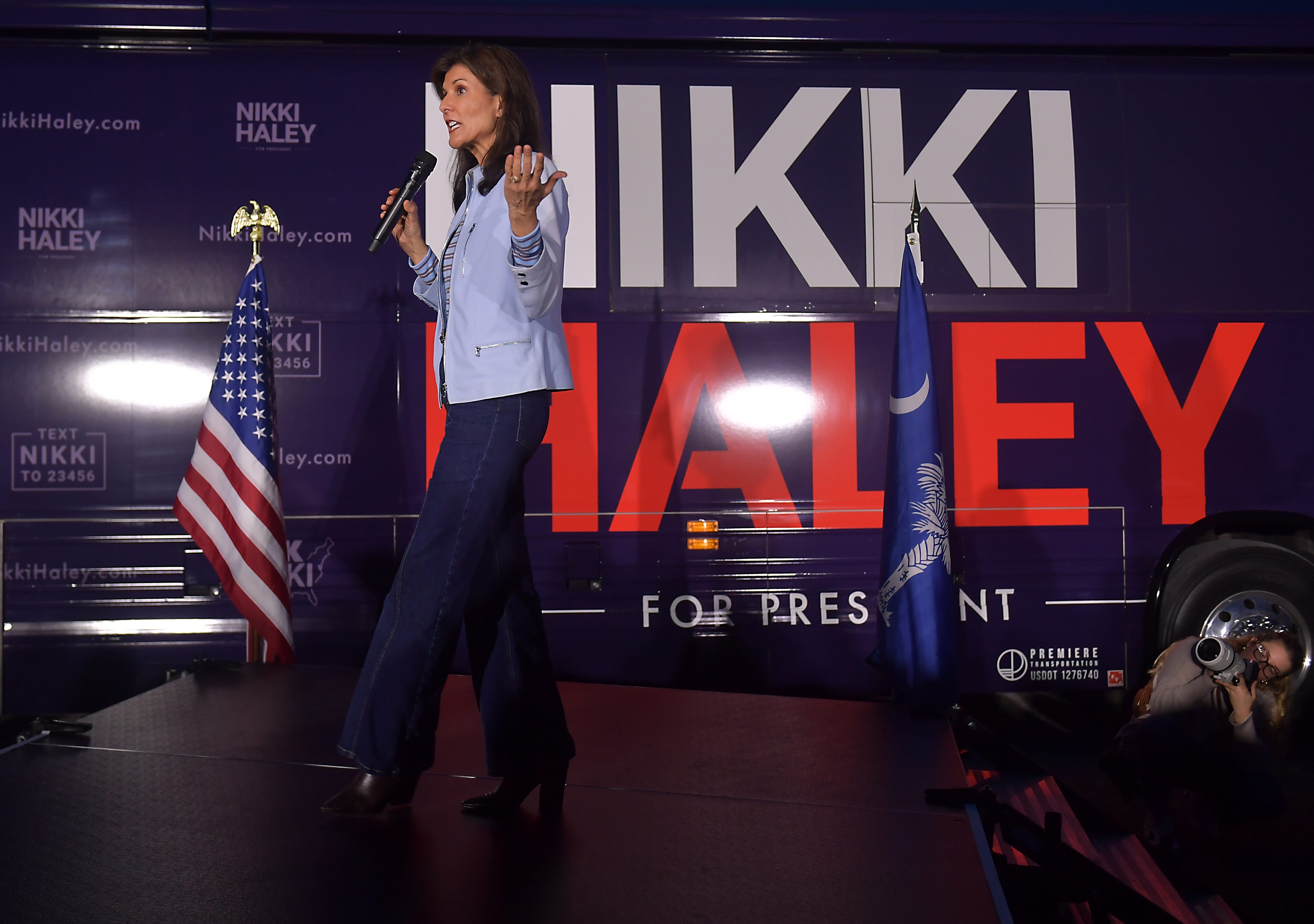 Nikki Haley's "Beast of the Southeast" bus tour stopped in several location in South Carolina on Feb. 10, 2024. The GOP Presidential hopeful ramped up her campaign in her home state ahead its Republican primary on Feb. 24, 2024. This is the stop in Lexington, S.C at the 'The Grove on Augusta' for the Beast of the Southeast bus tour. Nikki Haley reacts to the crowd as she speaks in Lexington.