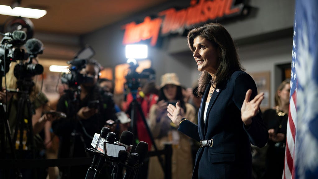 Republican presidential candidate former UN Ambassador Nikki Haley speaks to members of the media during a campaign event at Thunder Tower Harley Davidson Monday, Feb. 12, 2024, in Elgin, S.C. South Carolinians will participate in their Republican primary on Feb. 24. (AP Photo/Sean Rayford) ORG XMIT: OTK