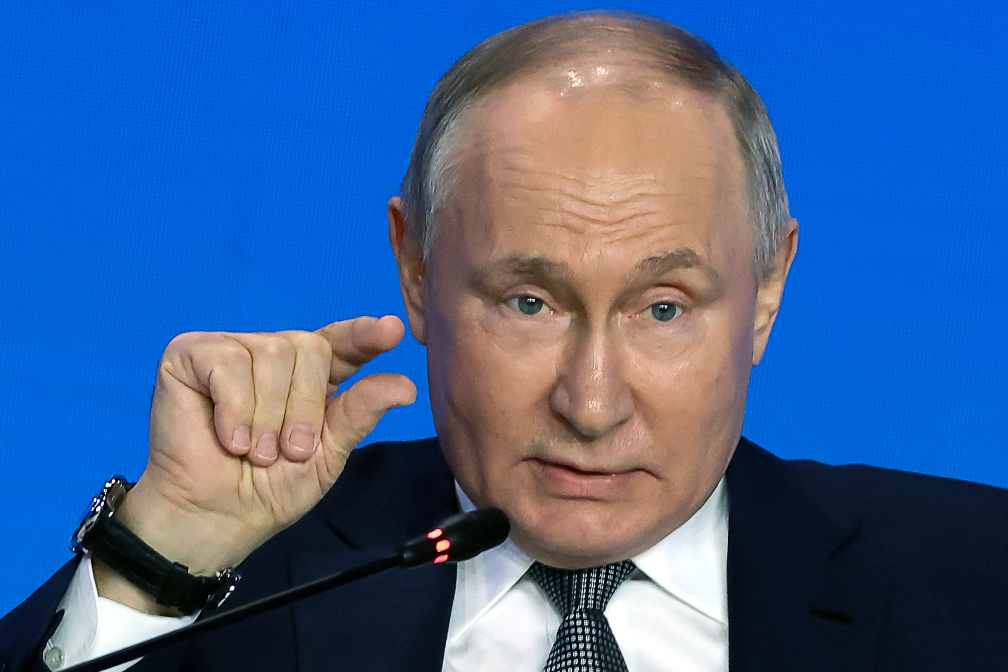 Russian President Vladimir Putin gestures as he speaks to scientists on the sidelines of the Future Technologies Forum at the World Trade Centre in Moscow, Russia, Wednesday, Feb. 14, 2024.