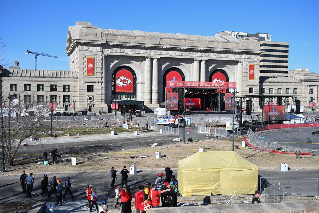 A view of the Union Station area after shots were fired near the Kansas City Chiefs' Super Bowl LVIII victory parade on Feb. 14, 2024, in Kansas City, Missouri. Multiple people were injured after gunfire erupted at the Kansas City Chiefs Super Bowl victory rally on Wednesday, local police said.