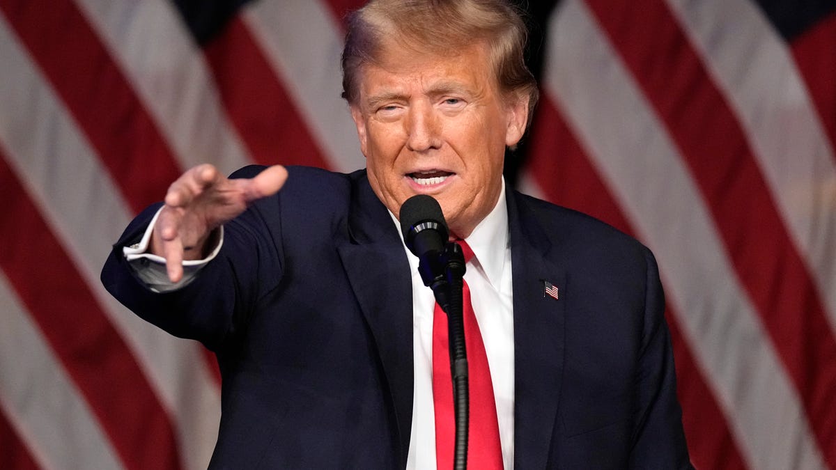 Republican presidential candidate former President Donald Trump speaks at a caucus night rally in Las Vegas, Thursday, Feb. 8, 2024. (AP Photo/Mark J. Terrill) ORG XMIT: NVMT304