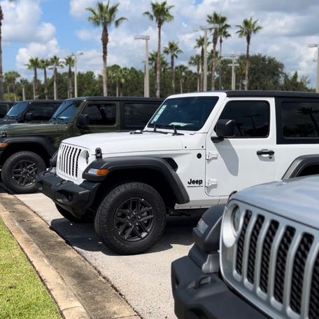 A line of new Jeep Wrangler SUVs can be seen at Daytona Dodge Chrysler Jeep Ram at the Daytona International AutoMall in Daytona Beach on Friday, Sept. 15, 2023.