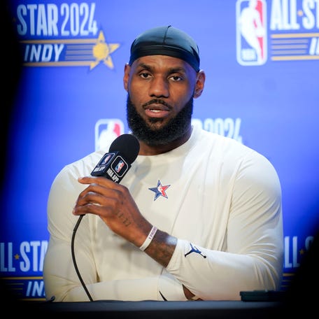 LeBron James talks to the media before the 73rd NBA All Star Game at Gainbridge Fieldhouse.