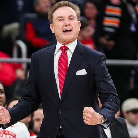 St. John's coach Rick Pitino yells out instructions to his team during the first half against Seton Hall at UBS Arena.