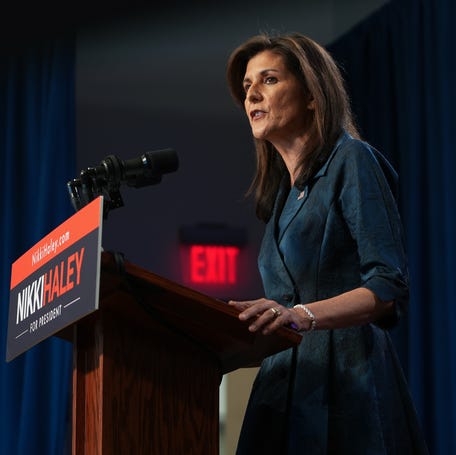 Republican presidential candidate and former UN Ambassador Nikki Haley delivers a speech to press and supporters in Greenville, S.C., on Feb. 20, 2024. Haley said she would not be dropping out of the presidential race ahead of the South Carolina primary.