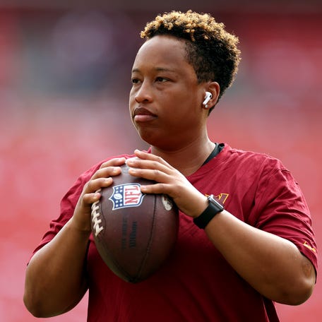 Assistant running back coach Jennifer King of the Washington Commanders looks on prior to the game against the Minnesota Vikings at FedExField on November 06, 2022 in Landover, Maryland.