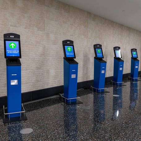 U.S. Customs and Border Protection Global Entry kiosks await use by international passengers arriving in the U.S. at San Diego International Airport in San Diego, Calif., Dec. 14, 2023. Global Entry is a CBP program that allows expedited clearance for pre-approved, low-risk travelers upon arrival in the United States. Members enter the United States by accessing the Global Entry processing technology at selected airports.    Photo by Mani Albrecht