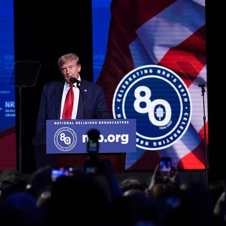 Former President Donald Trump addresses the 2024 NRB International Christian Media Convention sponsored by the National Religious Broadcasters association at the Gaylord Opryland Resort and Convention Center in Nashville, Tenn., Thursday night, Feb. 22, 2024.