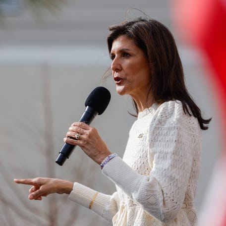 Former South Carolina Gov. Nikki Haley campaigns for president in Georgetown on Feb. 22, 2024, two days before the state holds its Republican primary.