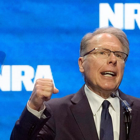 Wayne LaPierre, former CEO of the National Rifle Association, addresses the NRA Convention, April 14, 2023, in Indianapolis.