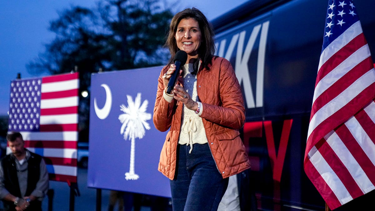 Republican presidential candidate Nikki Haley is pictured speaking at an event in Myrtle Beach, South Carolina.