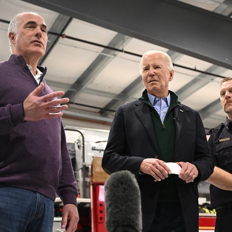 President Joe Biden listens as Sen. Bob Casey, D-Pa., speaks during a visit to Allentown Fire Training Academy in Allentown, Pennsylvania on January 12, 2024.