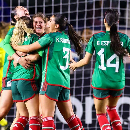 Mexico players celebrate a goal by Mayra Pelayo against the U.S. during the second half at Dignity Health Sports Park.