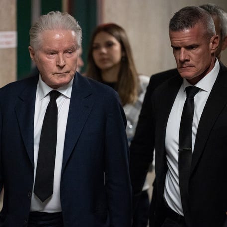 US musician Don Henley of the band "Eagles" arrives at the courtroom after lunch break at Manhattan Criminal Court on February 26, 2024, in New York. The Eagles frontman Don Henley said Monday he was the victim of "extortion" as the trial began of three men accused of trying to sell around 100 pages of stolen notes from the band's 1976 album "Hotel California."