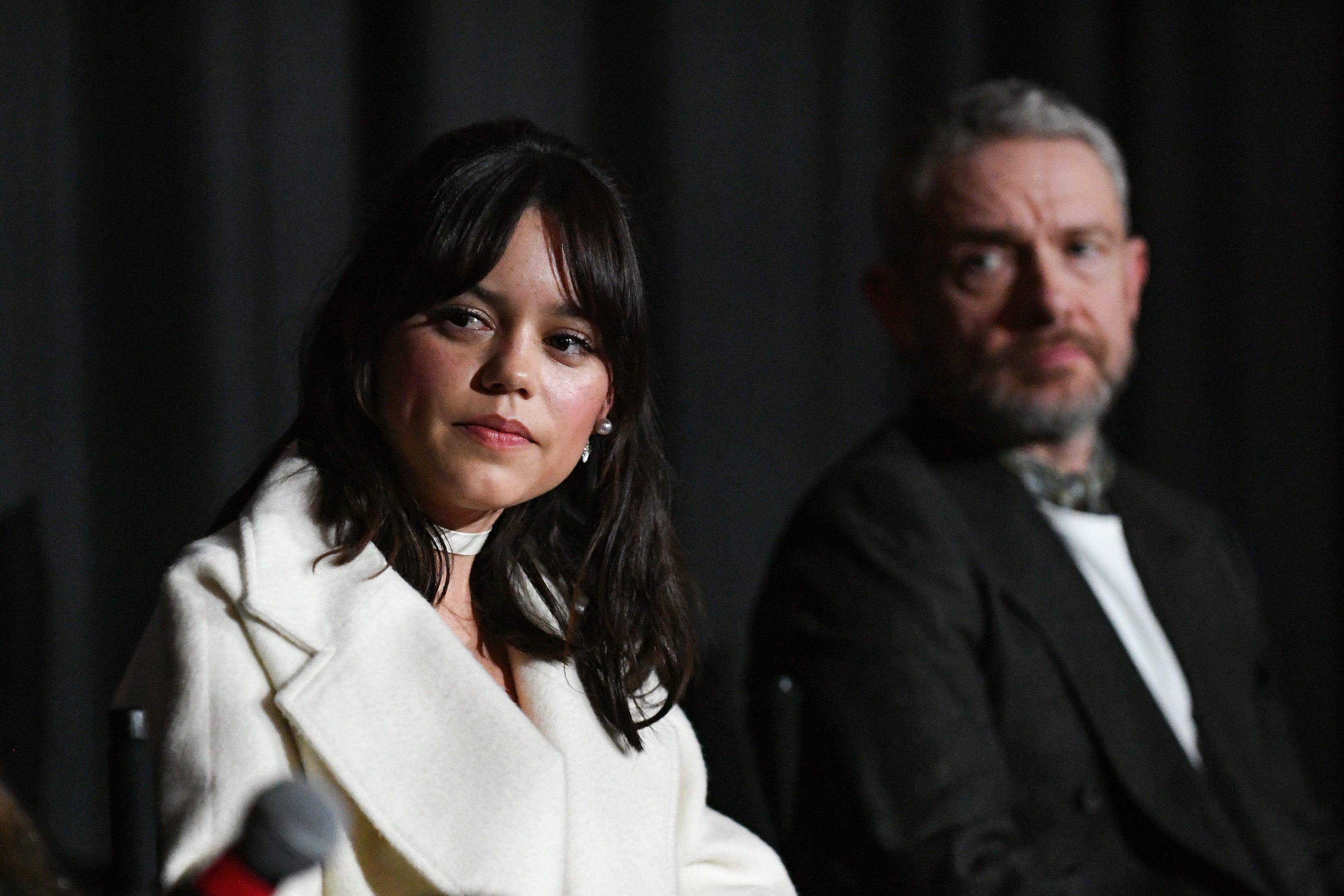 PALM SPRINGS, CALIFORNIA - JANUARY 11: (L-R) Jenna Ortega and Martin Freeman speak onstage during the screening of "Miller's Girl" at the Palm Springs International Film Festival on January 11, 2024 in Palm Springs, California. (Photo by Jon Kopaloff/Getty Images for Lionsgate) ORG XMIT: 776087984 ORIG FILE ID: 1926729178