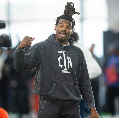 Former Auburn quarterback and NFL MVP Cam Newton during Auburn Tigers Pro Day at Woltosz Football Performance Center in Auburn, Ala., on Tuesday, March 21, 2023.