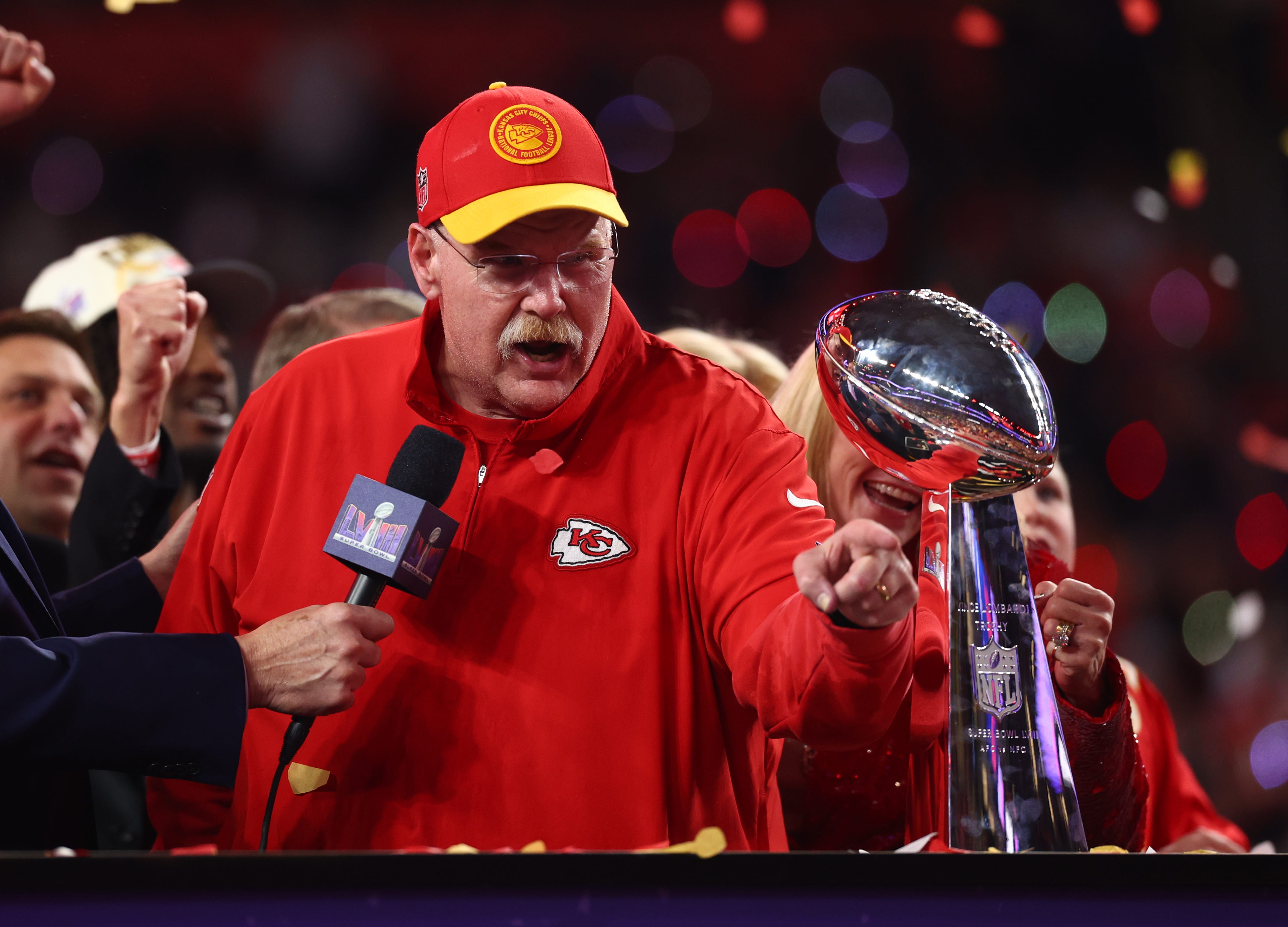 Feb. 11, 2024: Andy Reid celebrates with the Vince Lombardi Trophy after the Kansas City Chiefs defeated the San Francisco 49ers in Super Bowl LVIII at Allegiant Stadium.