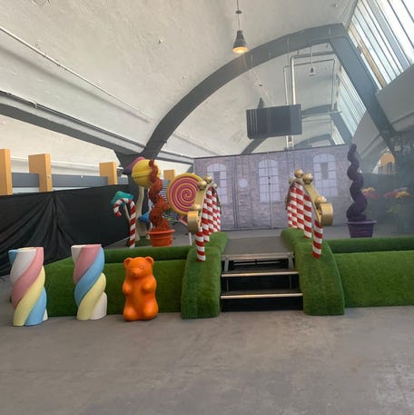 A warehouse where a Willy Wonka-inspired event in Glasgow, Scotland, was held on Saturday, Feb. 24, 2024. Parents complained about the lackluster "immersive experience" and wanted refunds for the $44 or so they spent on tickets.