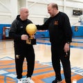 Knicks' coach presents 'Coach of the Year' trophy to Mike Simmel of Mahwah
