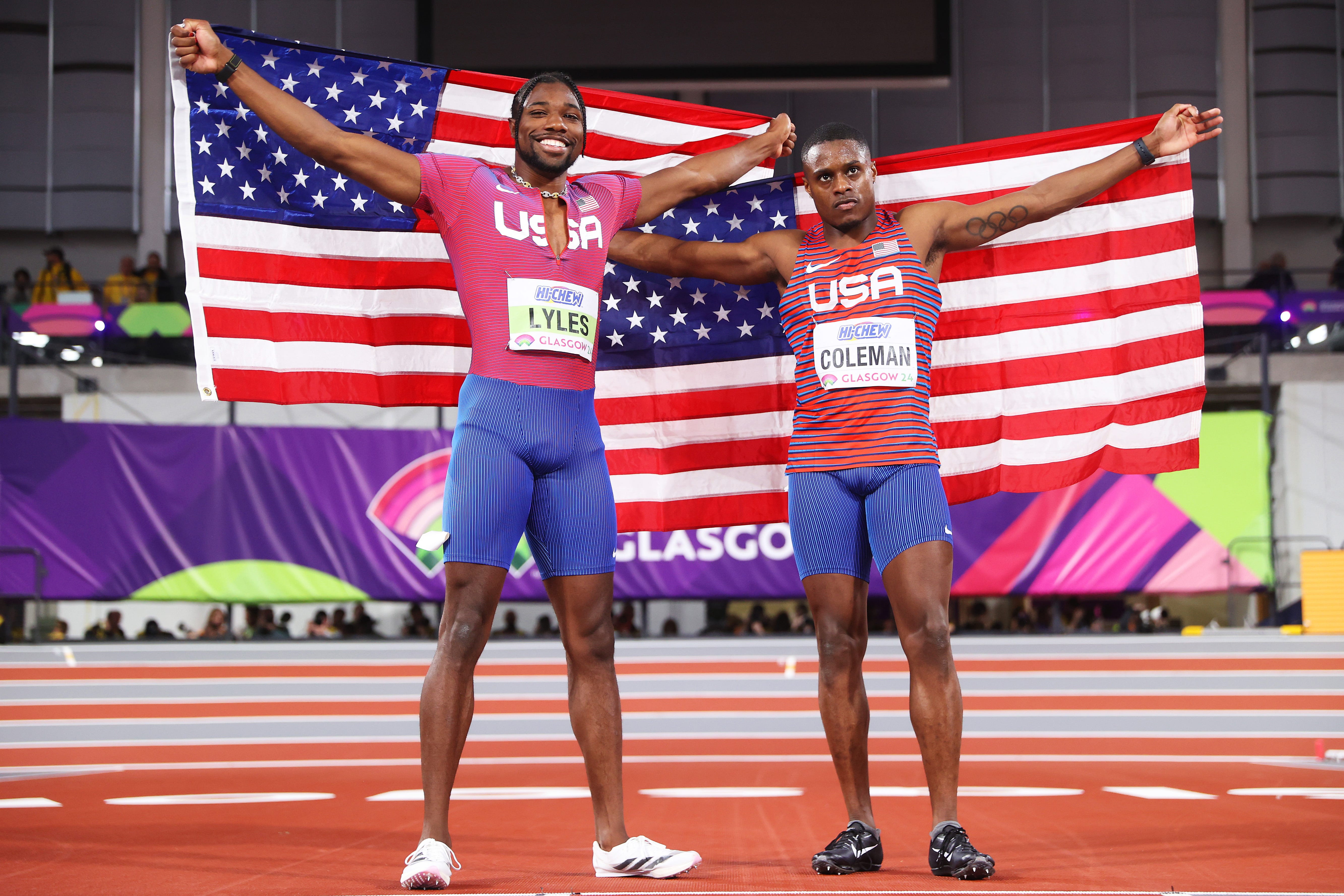 Christian Coleman, right, and Noah Lyles. left, won gold and silver, respectively in the men's 60 meters at the World Athletics Indoor Championships in Glasgow, Scotland
