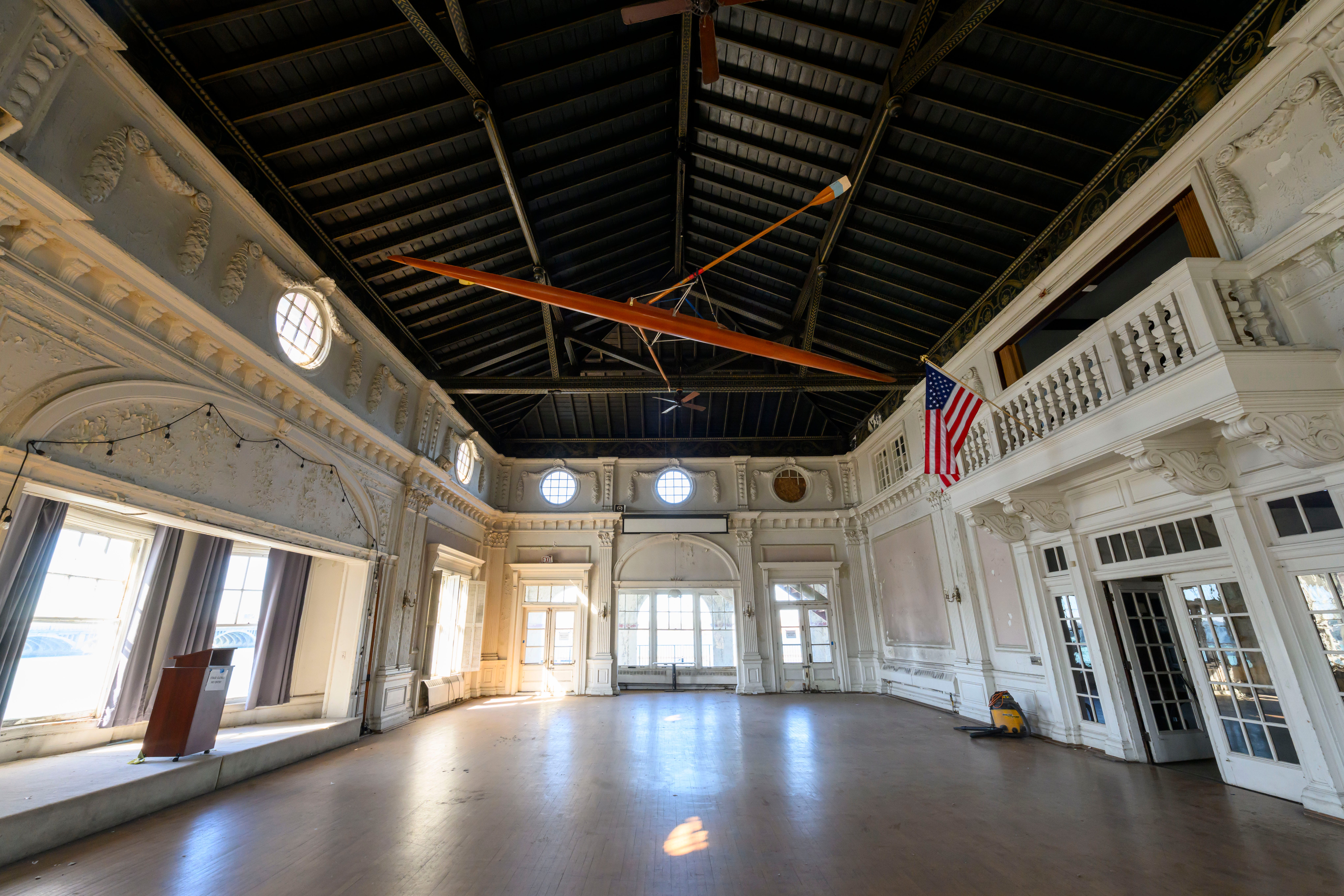 The main ballroom of the Detroit Boat Club, on Belle Isle, February 29, 2024. Deemed structurally unsound since 2022, preservationists have led a successful effort to make the DNR, which operates Belle Isle, to attempt to restore the boathouse instead of demolishing it.