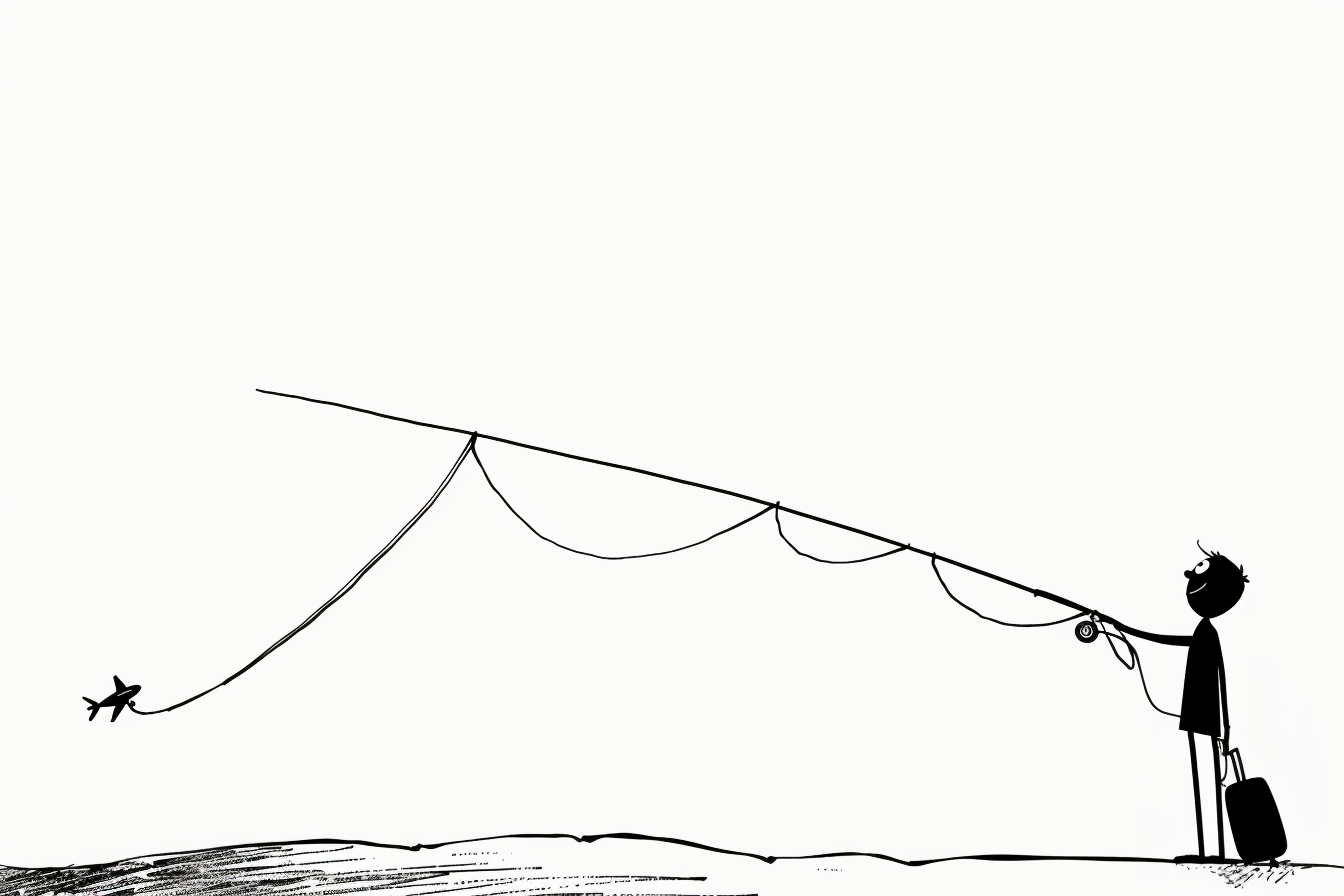 Cartoon of a man fishing a plane.