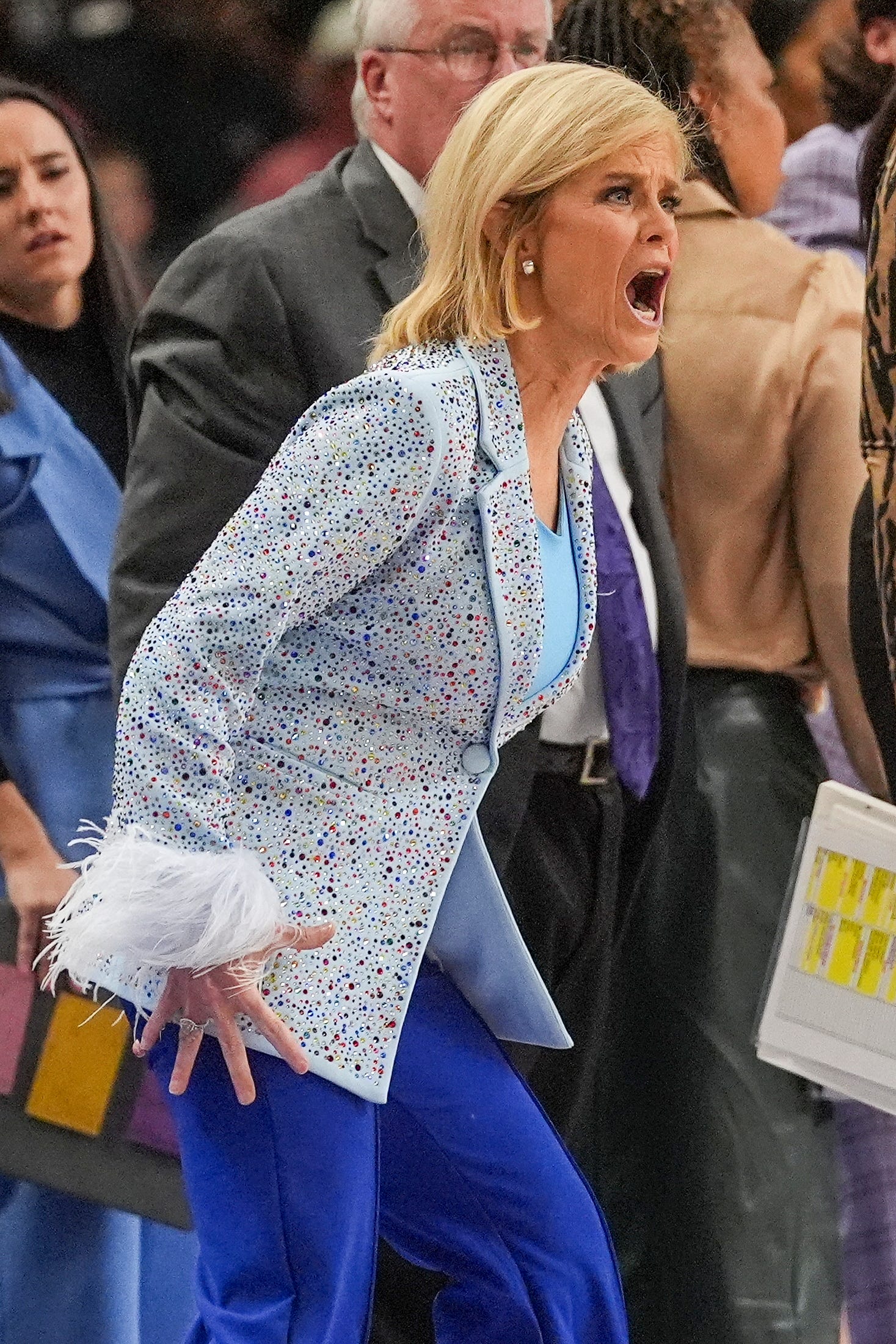 Mar 10, 2024; Greensville, SC, USA; LSU Lady Tigers head coach Kim Mulkey during the second half against the South Carolina Gamecocks at Bon Secours Wellness Arena. Mandatory Credit: Jim Dedmon-USA TODAY Sports