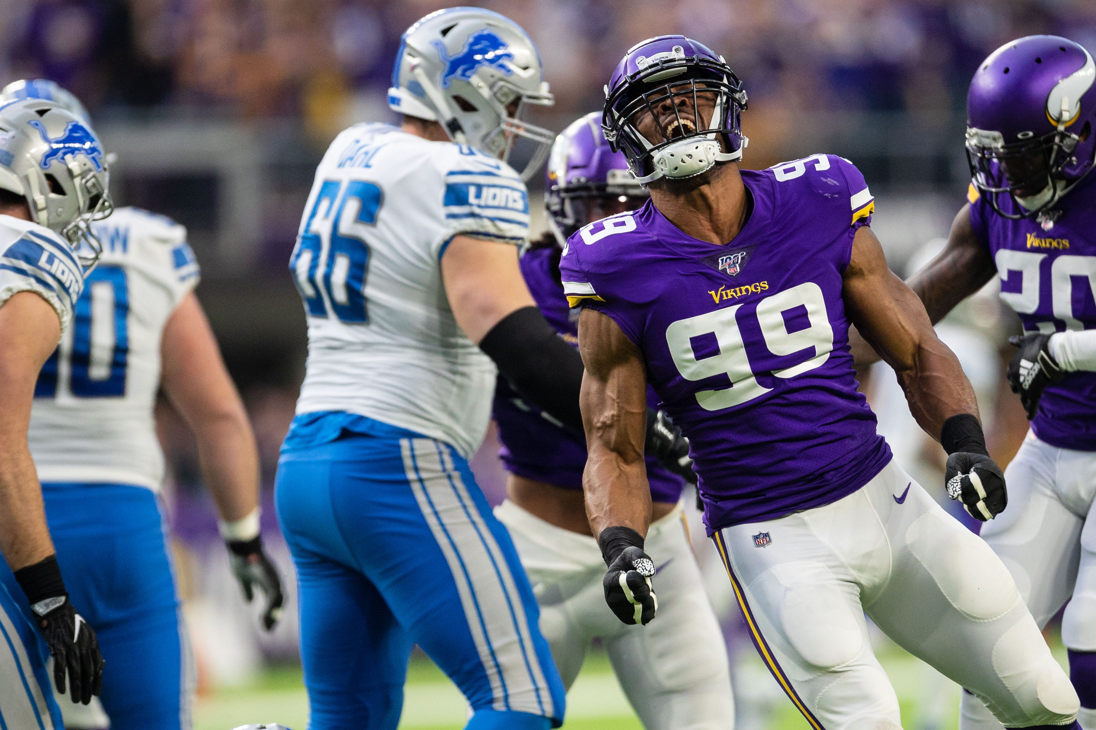 Dec 8, 2019; Minneapolis, MN, USA; Minnesota Vikings defensive end Danielle Hunter (99) reacts after sacking Detroit Lions quarterback David Blough (not pictured) during the first quarter at U.S. Bank Stadium. Mandatory Credit: Harrison Barden-USA TODAY Sports ORG XMIT: USATSI-403355 ORIG FILE ID: 20191208_neb_ba5_026.JPG