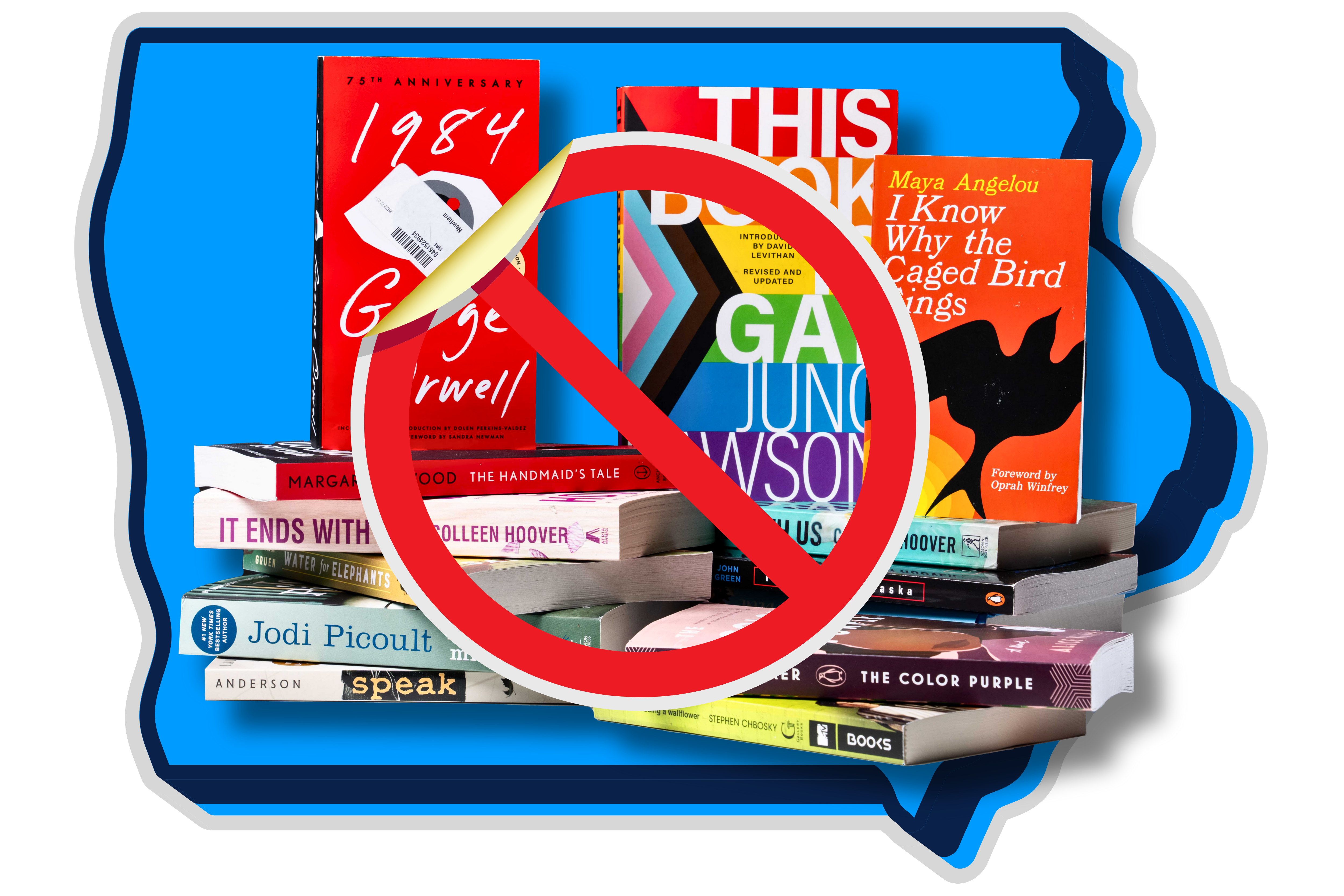 Iowa has banned several books from school libraries under a new state law. Pictured here are a few titles no longer available.