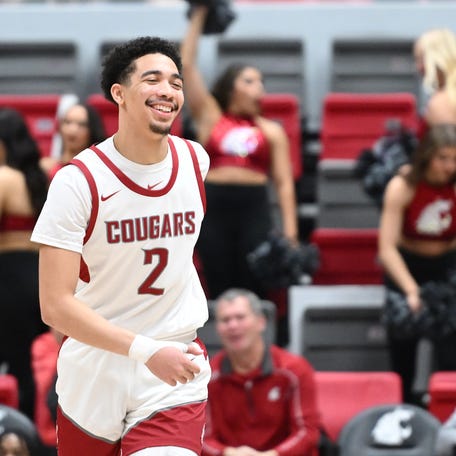 Washington State Cougars guard Myles Rice (2) cracks a smile after a score against the California Golden Bears in the second half at Friel Court at Beasley Coliseum.