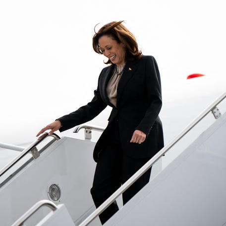 US Vice President Kamala Harris exits Air Force Two as arrives at the Minneapolis-St. Paul International Airport in St. Paul, Minnesota on March 14, 2024. (Photo by STEPHEN MATUREN / AFP) (Photo by STEPHEN MATUREN/AFP via Getty Images)