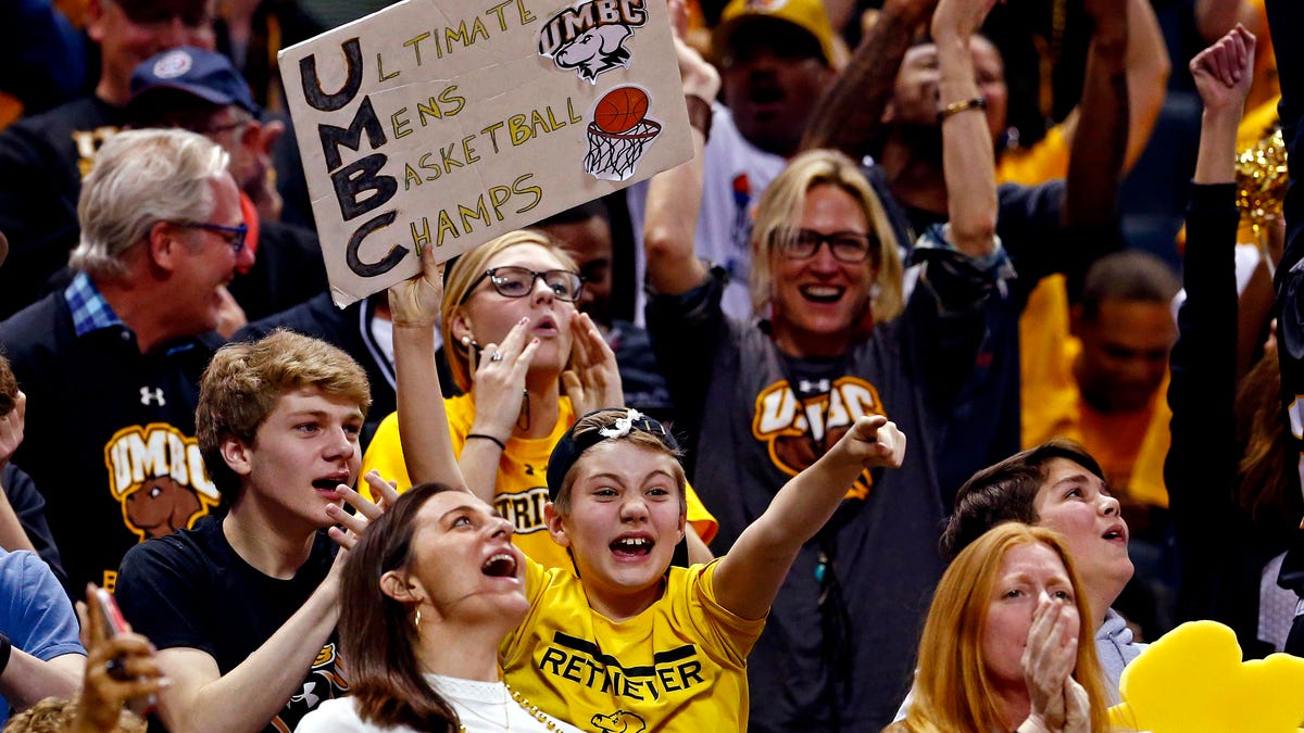 UMBC Retrievers fans cheer during a 2018 NCAA men's tournament game against Virginia. UMBC, a No. 16 seed, stunned the Cavs, the No. 1 seed.