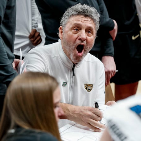 Oakland coach Greg Kampe reacts to a play during the second half of this team's game against Kentucky in the first round of the 2024 NCAA men's tournament at PPG Paints Arena.