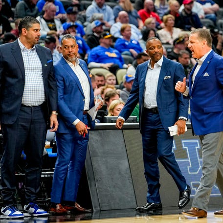 Kentucky Wildcats head coach John Calipari reacts to a play in the first round of the 2024 NCAA Tournament at PPG Paints Arena.