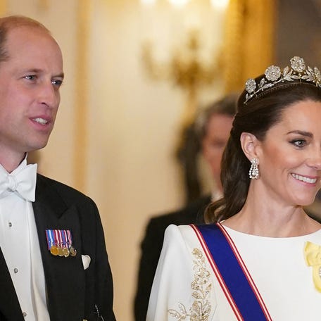 Prince William and Princess Kate arrive for a a State Banquet at Buckingham Palace in central London on November 21, 2023, for South Korea's President Yoon Suk Yeol and his wife Kim Keon Hee on their first day of a three-day state visit to the UK.