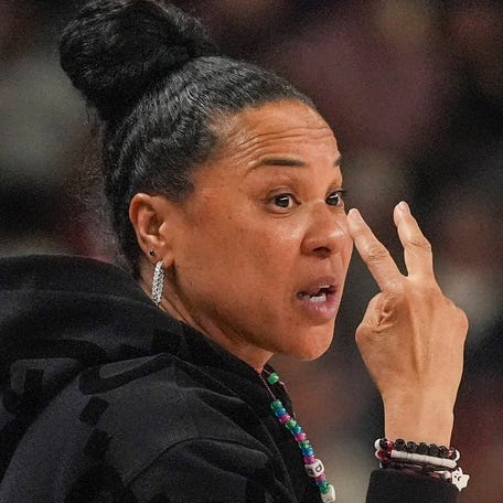 South Carolina coach Dawn Staley during a game against LSU at Bon Secours Wellness Arena on March 10, 2024.