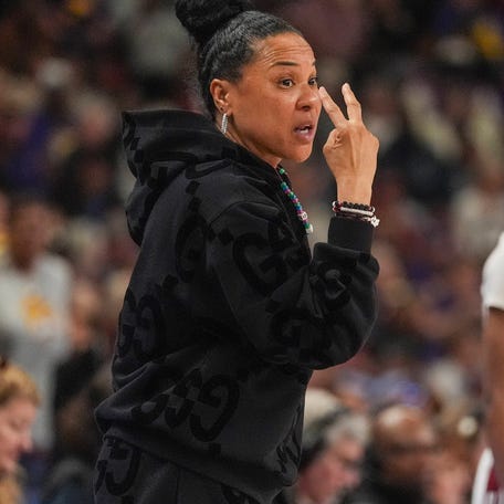 South Carolina coach Dawn Staley during a game against LSU at Bon Secours Wellness Arena on March 10, 2024.