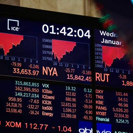 Stock market information is screened on the trading floor at the New York Stock Exchange (NYSE) in New York City, U.S., January 25, 2023.