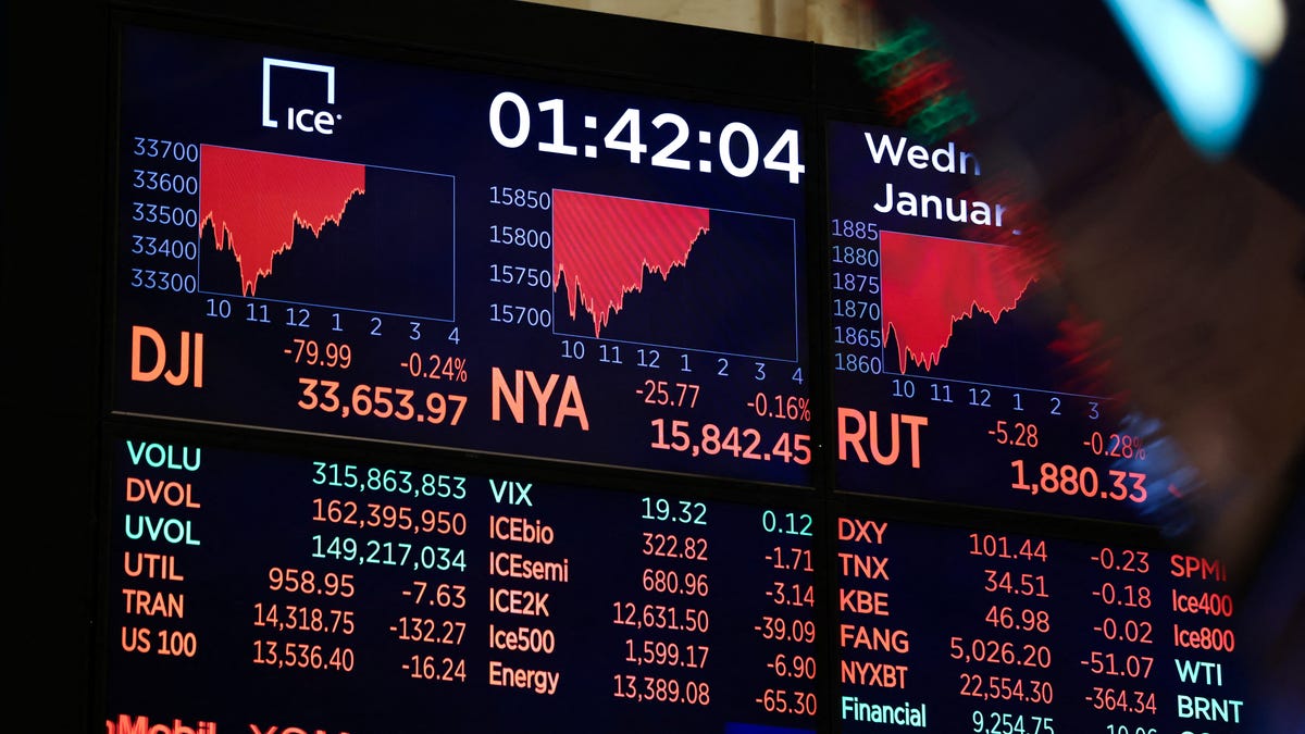 Stock market information is screened on the trading floor at the New York Stock Exchange (NYSE) in New York City, U.S., January 25, 2023.